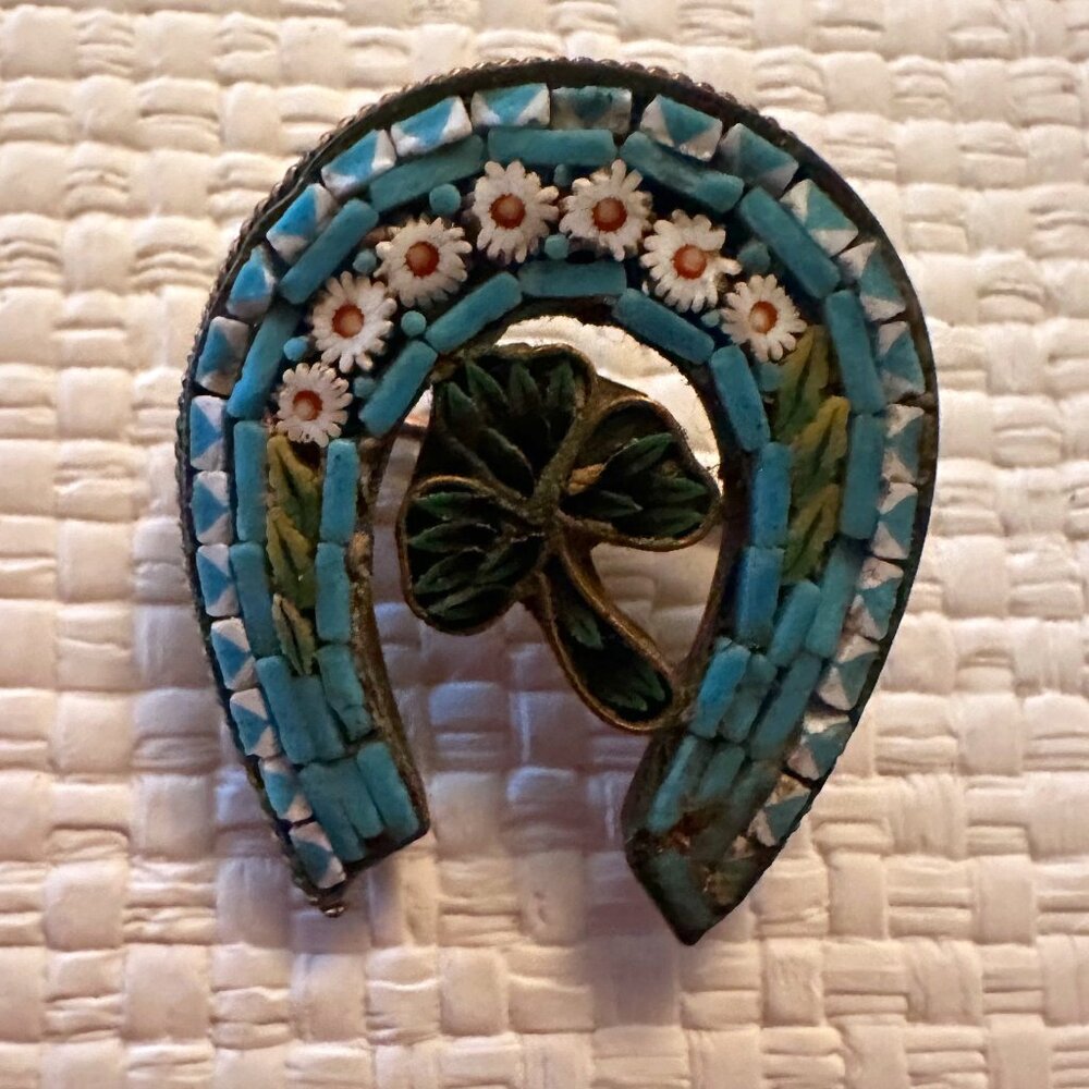 Antique Goldtone Micromosaic Horse Shoe Pin with Four Leaf Clover